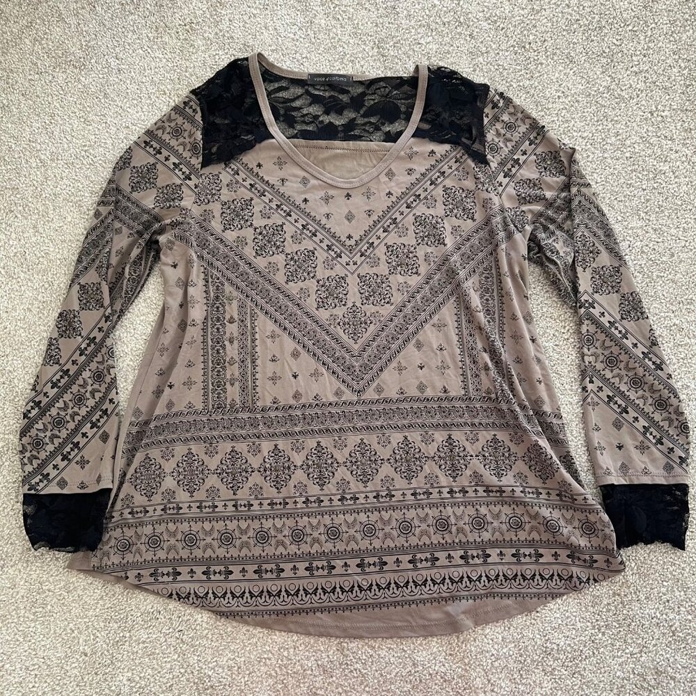 Y2K Whimsygoth Studded Lace Flowy Abstract Black & Brown Long Sleeve Top - Picture 6 of 11